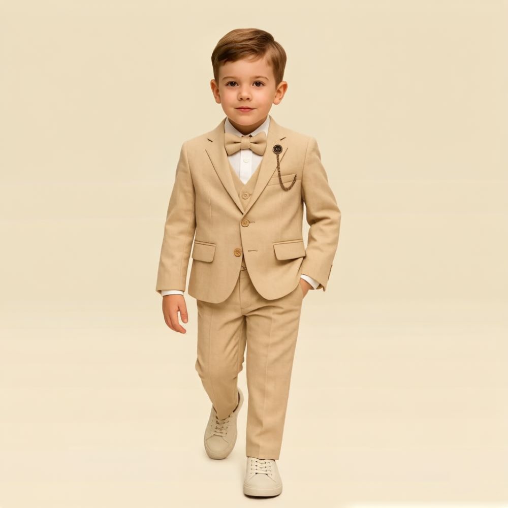 Formal Wear For Men Kids - 남아용 베이지색 3피스 정장 세트, 노치드